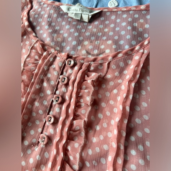 Costa Blanca Womens Pink White Polka Dot Ruffle Hem Button Up Blouse Medium - Picture 4 of 7